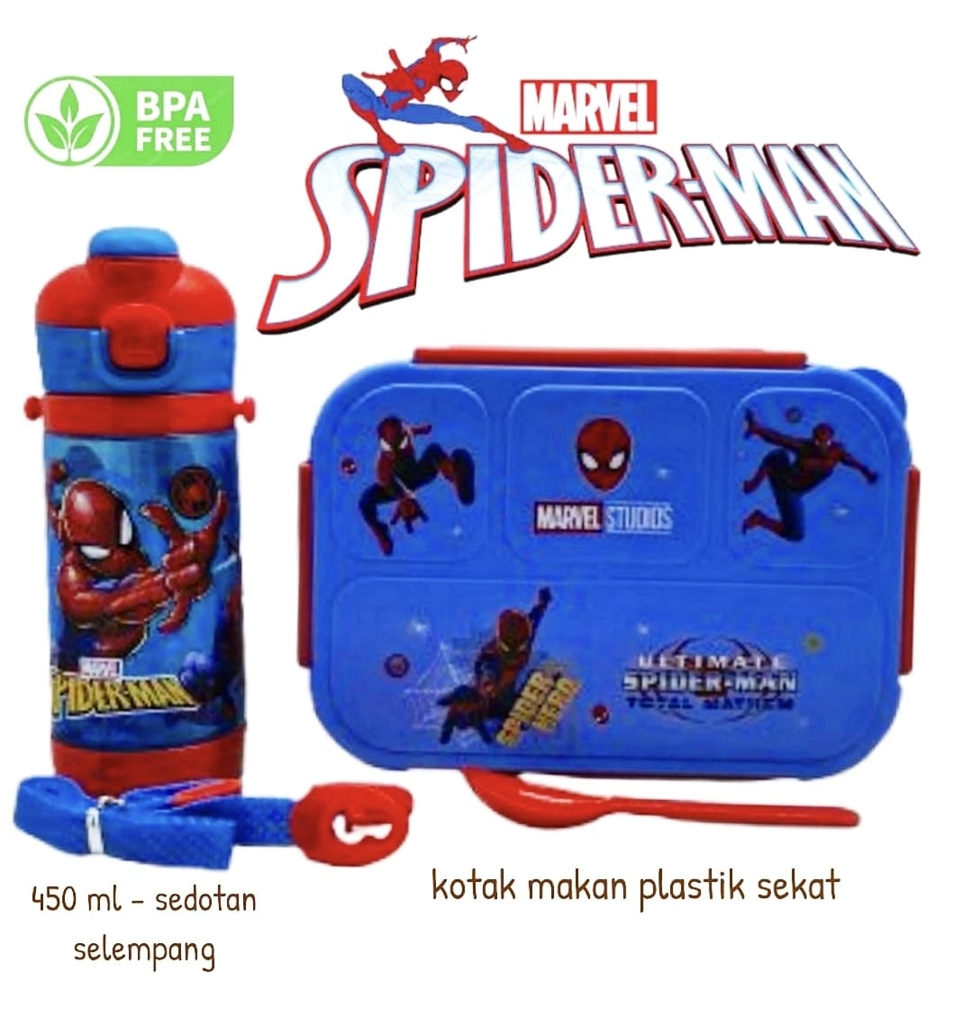 Set Bekal Anak Spiderman Sekat - Karakter lucu untuk sekolah dengan lunch box, botol minum, dan peralatan makan lengkap