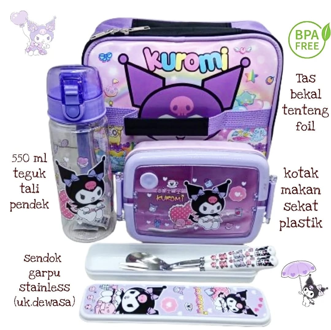 Set Bekal Anak Kuromi Premium - Karakter lucu untuk sekolah dengan lunch box, botol minum, dan peralatan makan lengkap