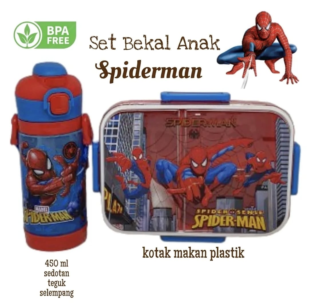 Set Bekal Spiderman Simple - Karakter lucu untuk sekolah dengan lunch box, botol minum, dan peralatan makan lengkap