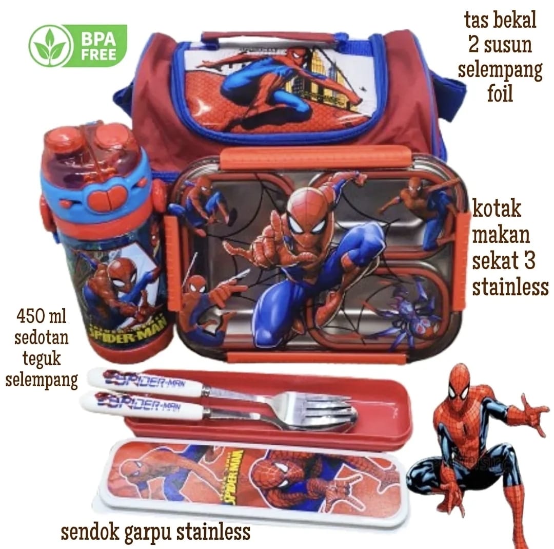 Set Bekal Tas 2 Susun - Karakter lucu untuk sekolah dengan lunch box, botol minum, dan peralatan makan lengkap
