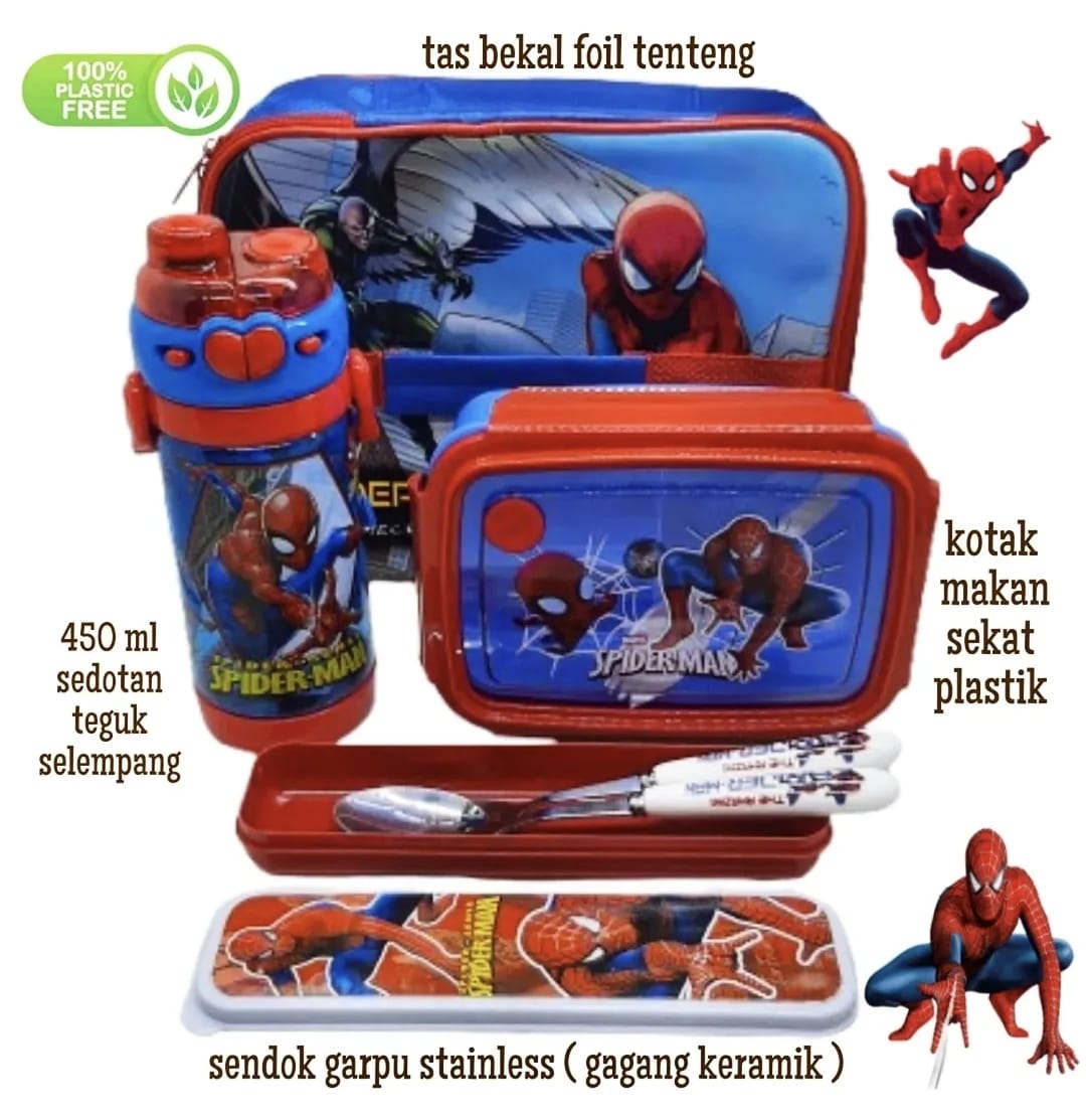 Set Bekal Tas Foil Plastik - Karakter lucu untuk sekolah dengan lunch box, botol minum, dan peralatan makan lengkap