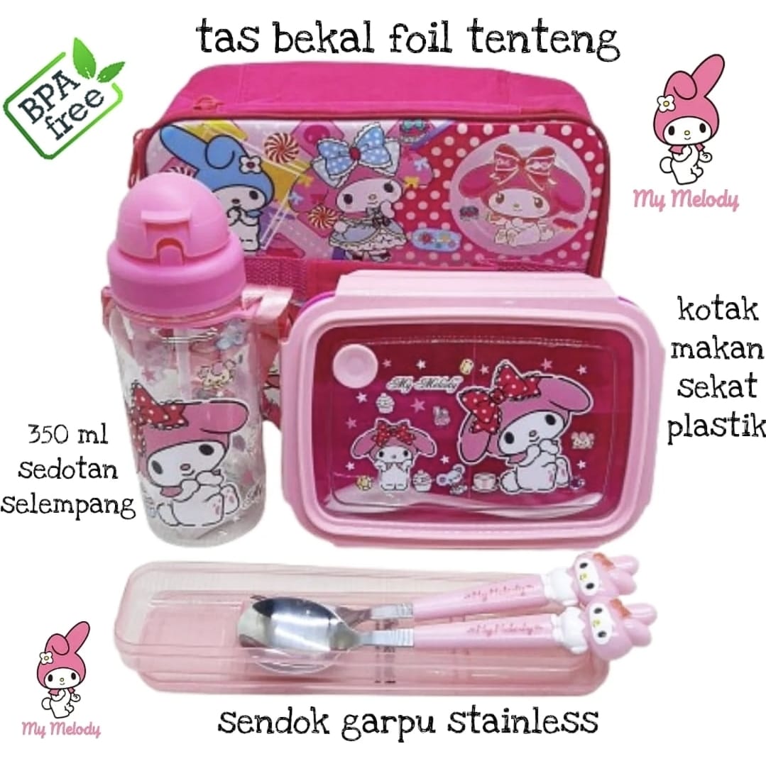 Set Bekal Tas Foil Stainless - Karakter lucu untuk sekolah dengan lunch box, botol minum, dan peralatan makan lengkap