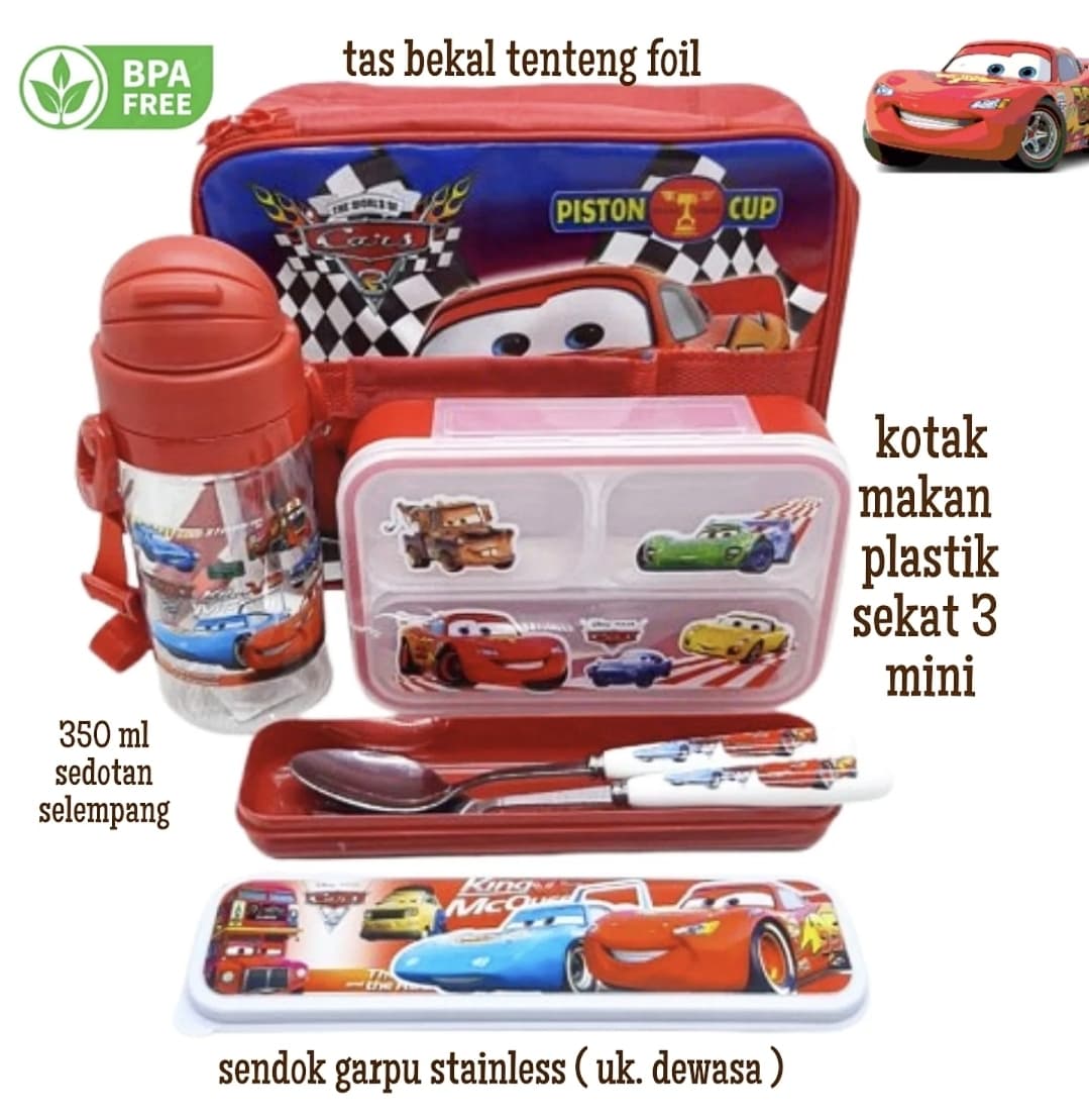 Set Bekal Tas Foil Sekat 3 - Karakter lucu untuk sekolah dengan lunch box, botol minum, dan peralatan makan lengkap