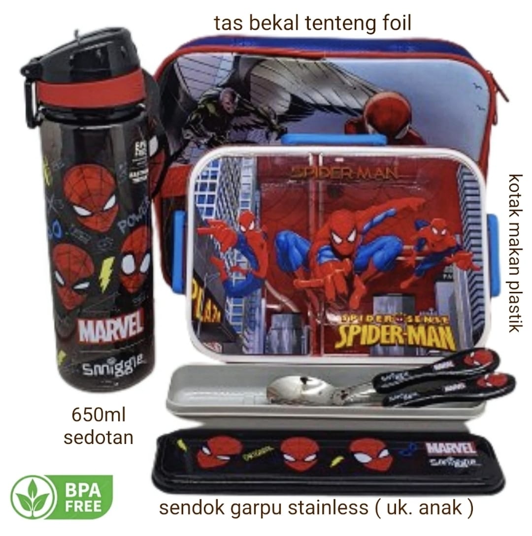 Set Bekal Tas Tenteng 650ml - Karakter lucu untuk sekolah dengan lunch box, botol minum, dan peralatan makan lengkap